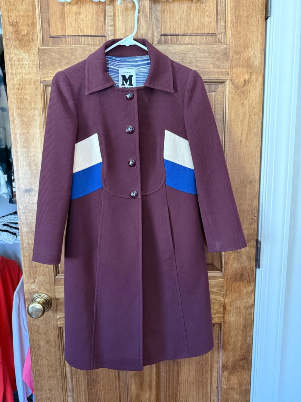 Missoni Maroon Colorblock Coat with Cream and Royal Blue Panels